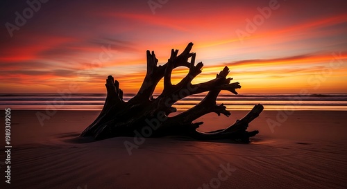 Driftwood, beach, sunset, orange sky, serene landscape, nature, tranquil atmosphere, coastal scenery