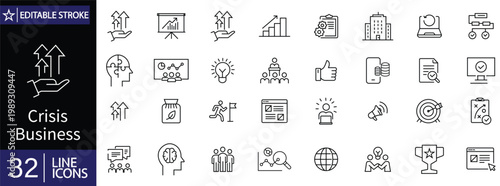 Business crisis icons set. Includes symbols of financial loss, risk, decline, bankruptcy, stress, and economic downturn. Editable stroke. Vector illustration. Outline icons.