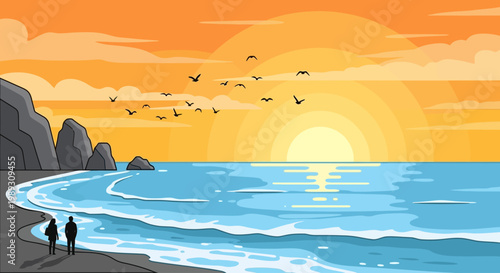 Couple watching a vibrant sunset over the ocean with flying birds