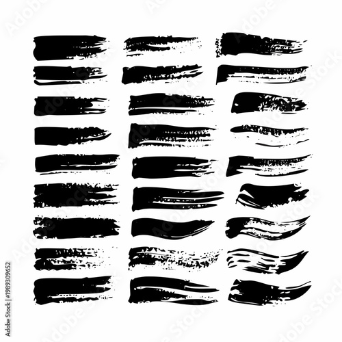 Thin Grunge Brush Strokes Set, Detailed Dry Brush Ink Lines Isolated on White Background