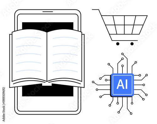 Digital education, e-learning, artificial intelligence, e-commerce, technology advancement, innovation. Open book on a tablet, shopping cart and AI chip. Digital education and e-commerce