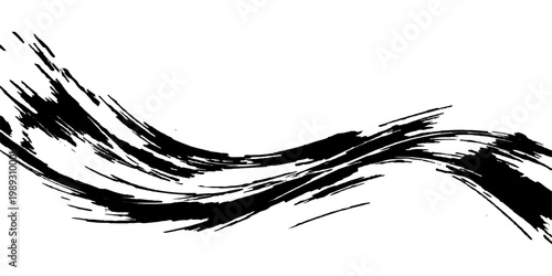 A dynamic black ink brushstroke, painted with energetic flair, forming a rhythmic, abstract wave, showcasing the power of gesture in graphic art.