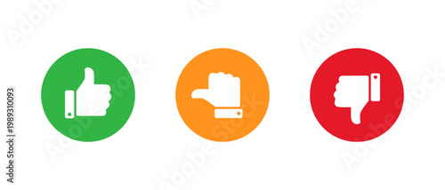 Like, neutral, and dislike icon in flat style. Thumbs up, sideways, and down symbol