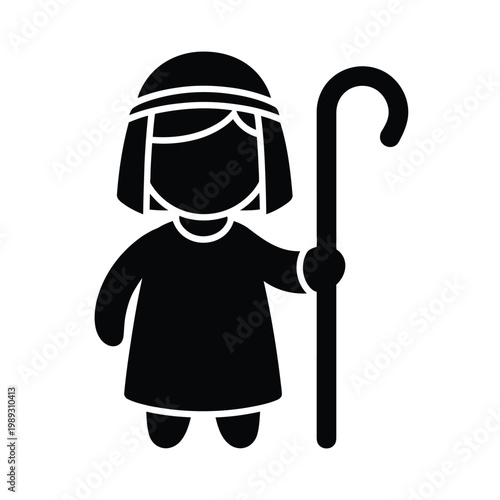 Black shepherd icon with staff and traditional headpiece standing isolated on white background silhouette.