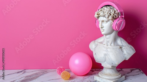 Classical Bust Wearing Pink Headphones on Marble Surface with Colorful Objects Against Bright Pink Background