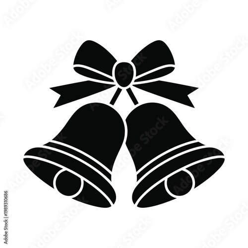 Two christmas bells with large decorative bow on top isolated on white background black silhouette icon.