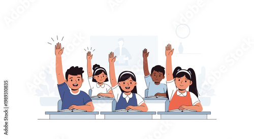 Diverse student group enthusiastically raising hands in classroom setting