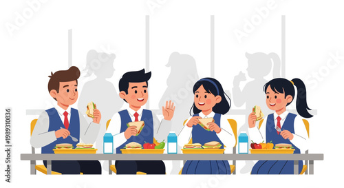A group of Student children eating lunch together in a school cafeteria setting