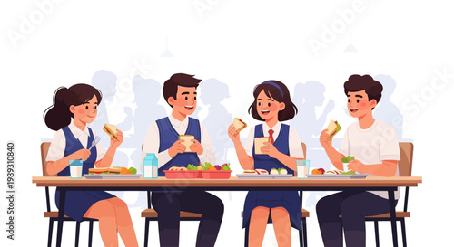 A group of Student eating lunch together in a school cafeteria setting