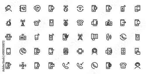 Phone icon set. Minimal line vector icons pack. Includes symbols for call, smartphone, wifi, internet, message, customer service, global network and more. Editable stroke.