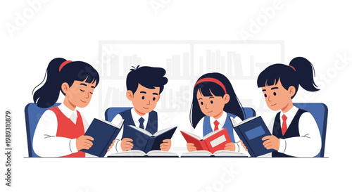 Students sitting at a desk reading books in a classroom setting