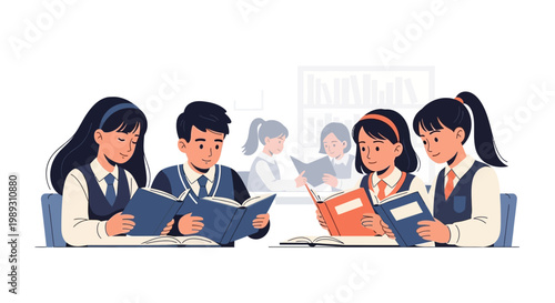 Students studying in a classroom with friends and teacher in background