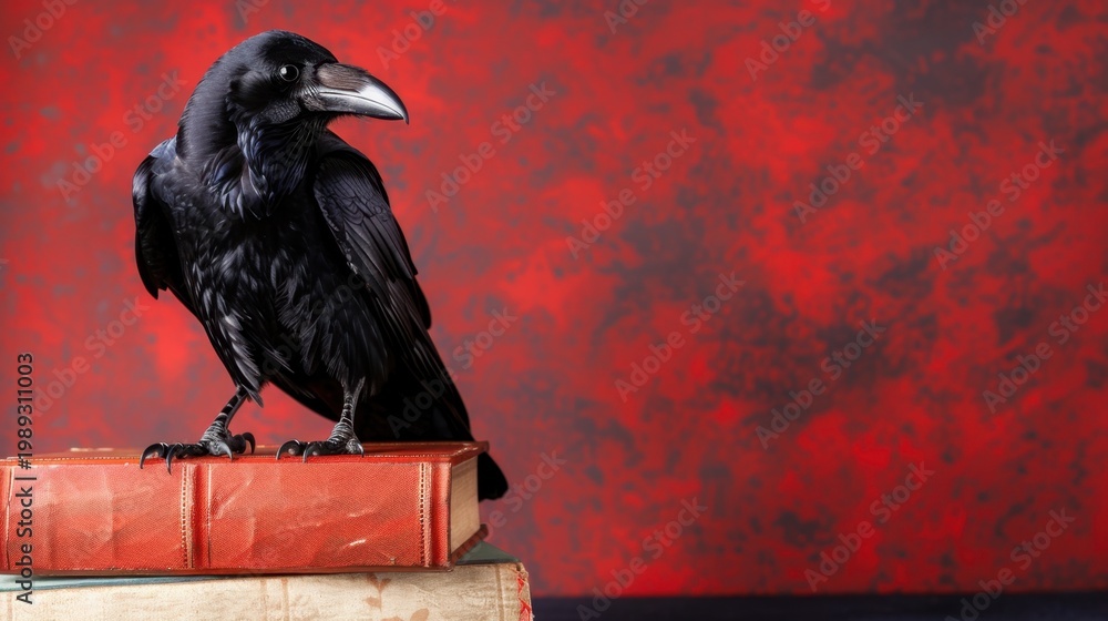 Fototapeta premium Black raven perched on old books against a vibrant red background for literature and Halloween themes