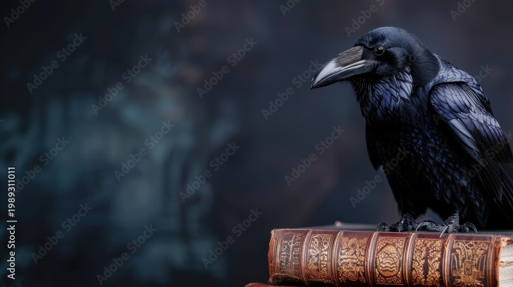 Fototapeta premium Majestic black raven perched on antique leather-bound books with a mystical dark background