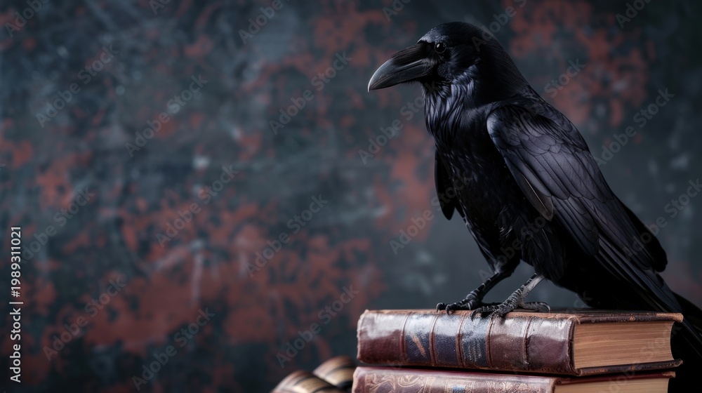 Fototapeta premium Black Raven on Stack of Vintage Books with Dark Background and Grunge Texture in Mysterious Atmosphere