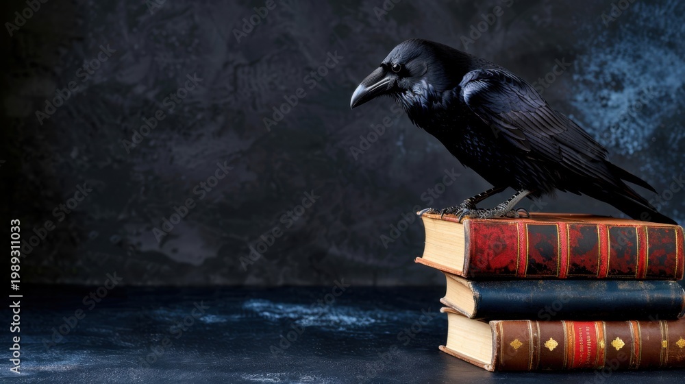 Fototapeta premium Raven Sitting on Stack of Vintage Books with Dark Background Creating Mysterious Atmosphere