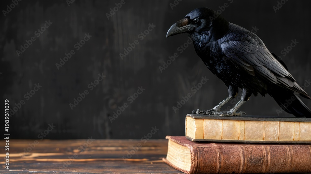 Fototapeta premium Dark Raven Perched on Vintage Leatherbound Books Against a Mysterious Black Background
