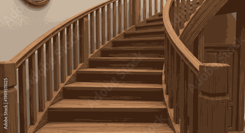Classic wooden curved staircase in a refined interior, featuring traditional balusters, elegant design, and natural light.