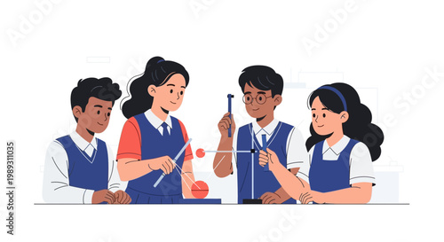 A group of student peers collaborating on an experiment in a science laboratory setting together