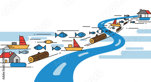 A stylized illustration of a river with boats fish and logs