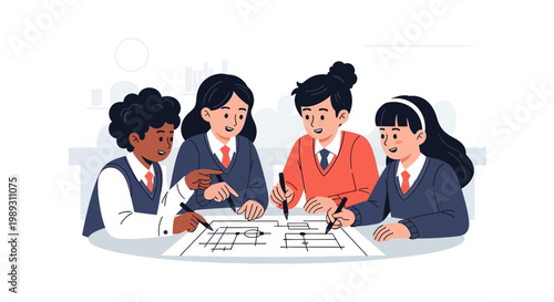 A group of diverse Student peers collaborate on a puzzle