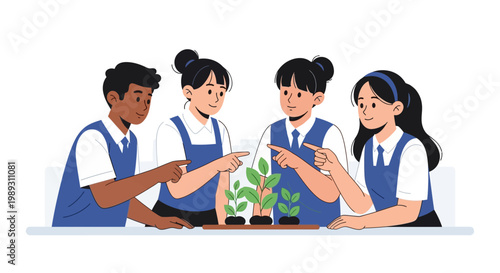 A group of student peers examine a plant closely together indoors.