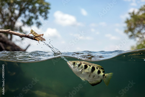  Archer fish predation technique of shooting down land-based insects and other small prey with jets of water 