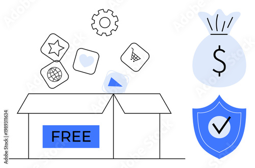 Free services, cost efficiency, secure payments, digital transactions, savings management, online accessibility. Open box with icons, dollar bag and shield with check mark. Free services and budget