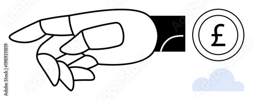 Artificial intelligence, automation, fintech, robotics, currency management, future technology. Robotic hand reaching towards a pound symbol and cloud icon. Artificial intelligence and fintech