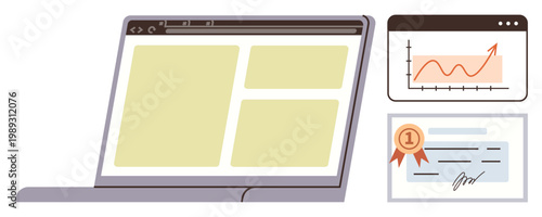Data visualization, education, business growth, online learning, certification, analytics. Laptop webpage, chart with upward trend signed certificate. Analytics and business growth concept
