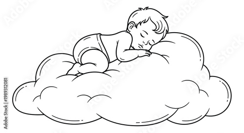 A sleeping baby rests peacefully on a fluffy cloud in a simple line drawing