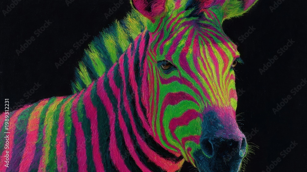 Fototapeta premium Zebra facing camera with fluorescent stripes on black background