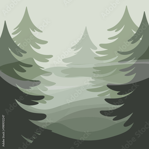 Stylized pine forest landscape with overlapping layers of green mist