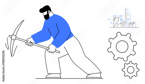 Mining industry, resource extraction, teamwork, productivity, infrastructure development, engineering concept. A worker with a pickaxe next to gears and a cityscape. Mining industry and teamwork