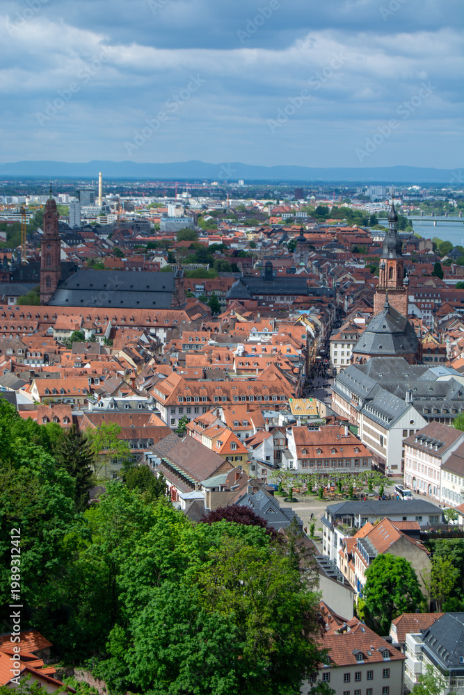 Fototapeta premium Aerial view of a picturesque city with red roofs