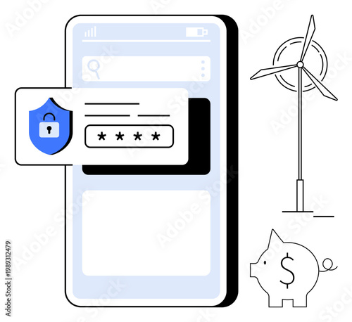 Renewable energy, finance saving, cybersecurity, digital authentication, mobile technology, eco-friendly business. Smartphone with login shield, wind turbine and piggy bank. Cybersecurity