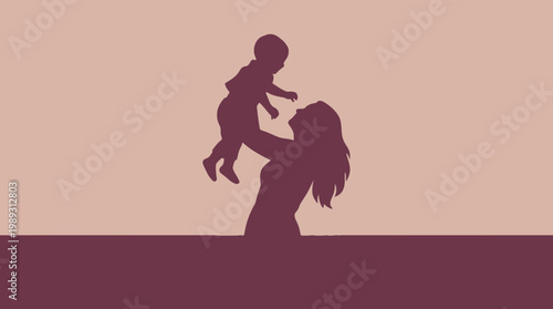 Stylized silhouette illustration of a joyful mother playfully lifting her happy baby into the air, symbolizing profound family love, bonding, and parental care