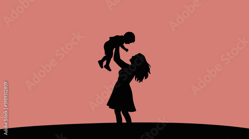 Joyful silhouette of a loving mother lifting her happy child into the air, celebrating their precious bond against a warm, serene background
