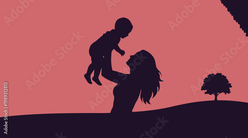 Mother holding her child up in the air in silhouette against a pink sky with a tree in the distance