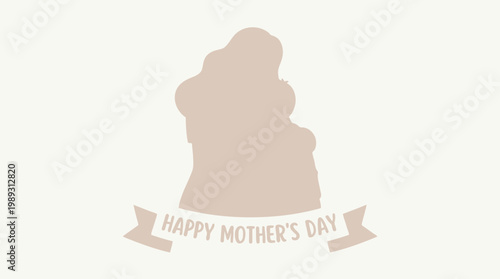 Happy Mother's Day elegant minimalist banner illustration of a mother holding her child in a warm embrace with a soft pastel color palette