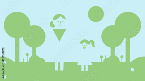 Cute illustration of a mother and child enjoying a sunny day in a park with trees and flowers