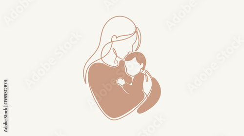 Minimalist line art illustration capturing the tender embrace of a mother holding her precious newborn baby, embodying love, family, and the profound connection of motherhood