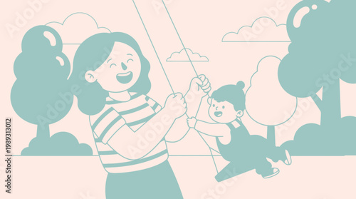 Joyful mother and child swinging together in a charming minimalist park illustration, depicting a happy family moment and outdoor fun under a clear sky with trees