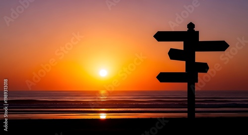 directional sign, sunset beach, ocean view, travel destination