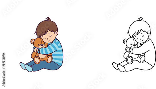 Little boy hugging a brown teddy bear coloring book page and colored illustration set, child cuddling plush toy for kids activity, bedtime and childhood comfort theme vector drawing