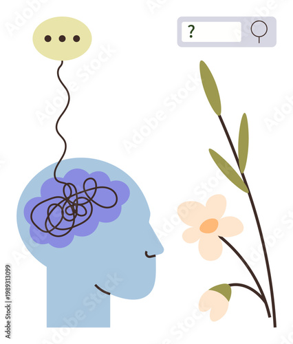 Mental health, emotional wellness, self-awareness, therapy, mindfulness, cognitive balance. A human head with tangled thoughts, search box and flower. Mental health and emotional wellness