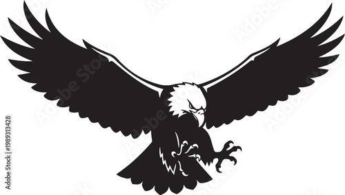 Black eagle, winged animal, bird silhouette, wildlife icon, vector graphic