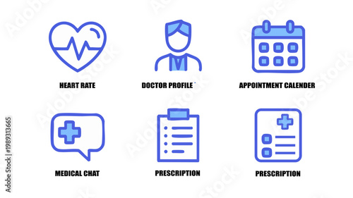 Professional medical service icons for healthcare. medical, icons, healthcare, doctor, health, heart, prescription, appointment, calendar, profile, vector, illustration, blue, service