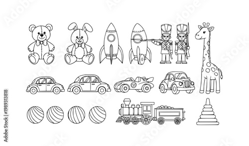 Scattered toy collection with teddy bear cars rocket and train black and white cartoon vector illustration