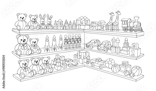 Perspective toy shop shelves with stuffed animals cars and train black and white cartoon vector illustration